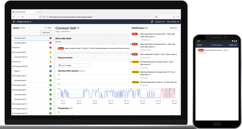 Alt-text: A laptop and smartphone display a monitoring dashboard with asset lists, alarm notifications, and vibration measurement graphs for industrial equipment.