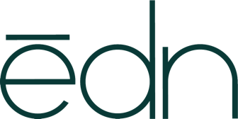 Logo for ēdn, featuring stylized lowercase letters with a long accent over the 'e'.