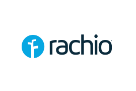 Rachio logo with blue text and circular icon.