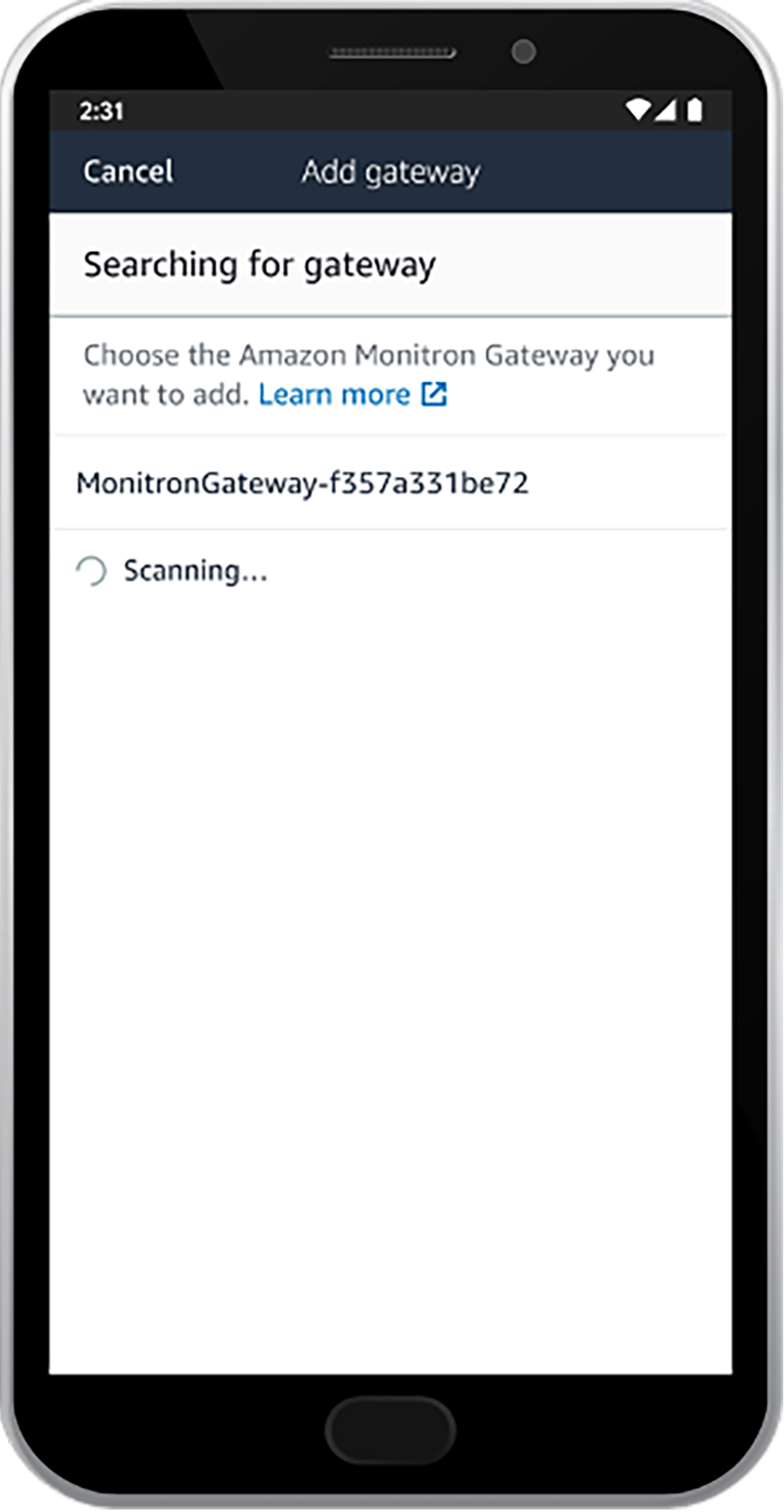 Smartphone screen showing the "Add gateway" interface for Amazon Monitron, with a "Searching for gateway" message and a scanning progress indicator.