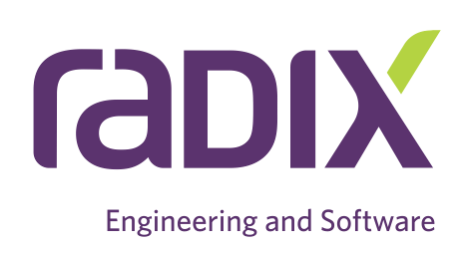 Logo of Radix Engineering and Software, featuring the company name in purple with a stylized 'X' and the tagline 'Engineering and Software' underneath.