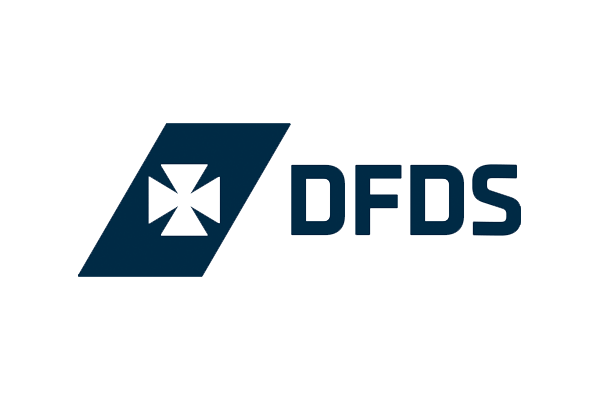 DFDS logo featuring a white emblem and bold blue text on a white background.