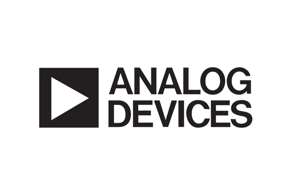 The logo of Analog Devices, featuring a triangular play symbol and the company name in bold uppercase letters.