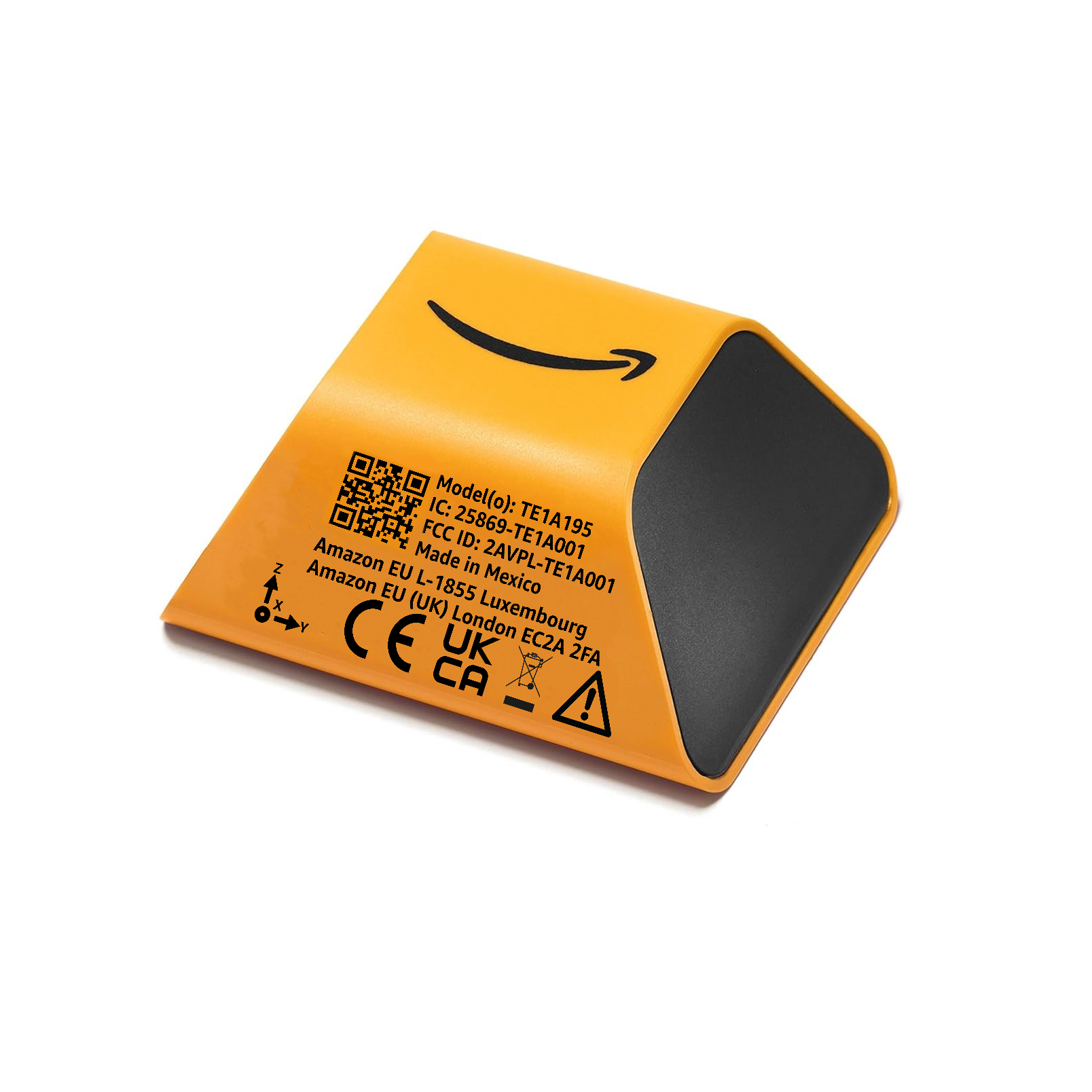 An orange and black Amazon package scanner with product details, QR code, and certification symbols printed on its surface.