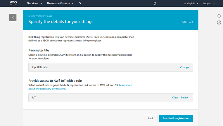 Screenshot of the AWS IoT Device Management console showing the 'Specify the details for your things' step (2/2) for bulk registering devices using a newline-delimited JSON parameter file and selecting an IAM role for access.