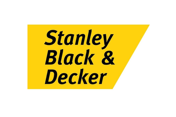 Stanley Black & Decker logo in black text on a yellow geometric background.