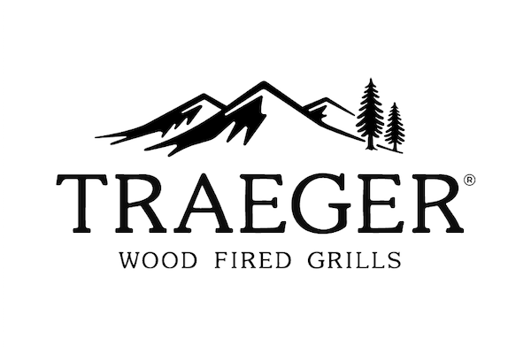 Logo for Traeger Wood Fired Grills featuring stylized mountain and tree graphics above the brand name.