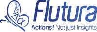 "Flutura logo with a butterfly design and the tagline 'Actions! Not just Insights'."
