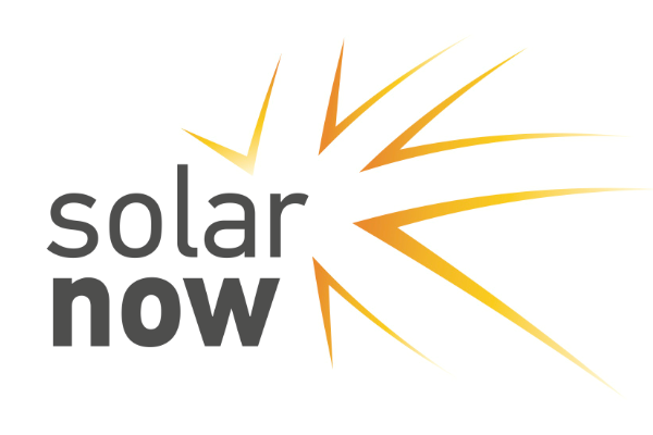 Logo for SolarNow featuring the words 'solar now' and a yellow sunburst graphic on a white background.