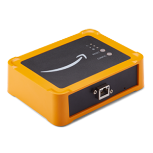 Yellow and black electronic device with an Amazon logo, indicator lights, and an Ethernet port.