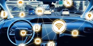Interior of a car displaying network and IoT connectivity concepts, with icons representing cloud, wireless, navigation, and other connected features overlaid on the windshield and dashboard.