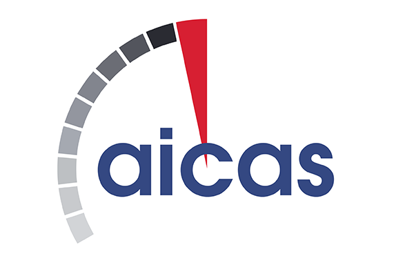 A logo featuring the text 'aicas' in blue lowercase letters, with a stylized speedometer arc above it and a prominent red needle, suggesting technology or performance. Suitable for IoT or software branding.