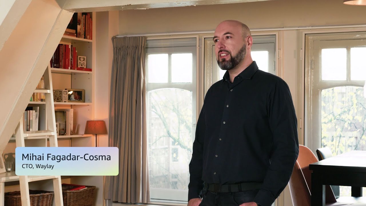 A cozy room with bookshelves, a lamp, and large windows overlooking trees, featuring a text overlay that reads "Mihai Fagadar-Cosma, CTO, Waylay."