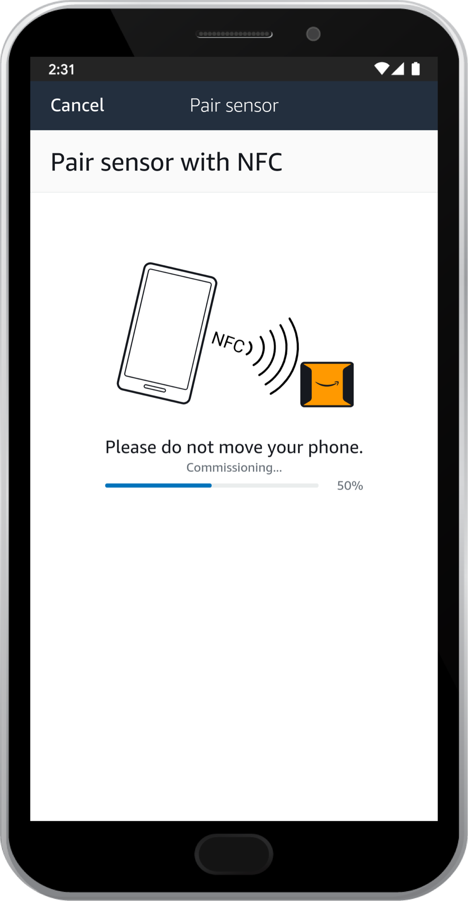 Smartphone screen showing "Pair sensor with NFC" instructions, with a progress bar at 50% and a message to not move the phone.