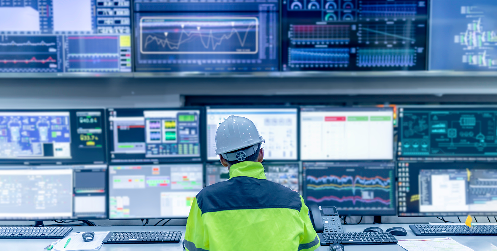 An industrial control room operator monitors multiple computer screens displaying data, system diagrams, and graphs, representing automation and IoT systems management.