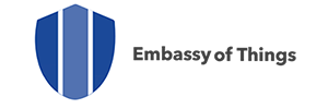 Logo of Embassy of Things featuring a blue shield and black text.