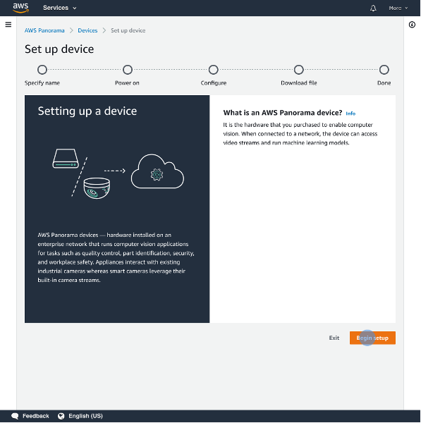 Screenshot of the AWS Panorama console showing the setup process for AWS Panorama devices. The screen illustrates step 2, guiding users to plug in and connect devices, and provides an explanation of what an AWS Panorama device is, including its role in enabling computer vision applications on an enterprise network.