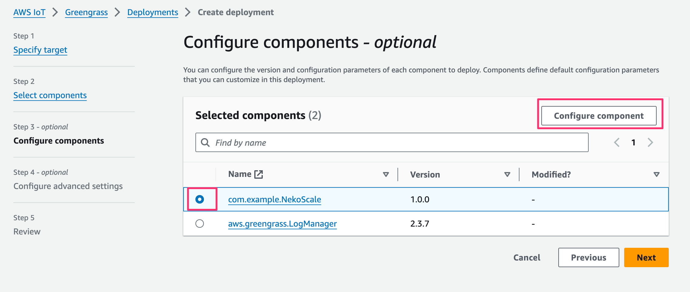 Screenshot of the 'Configure components' step in the AWS IoT Greengrass deployment process, showing selected components and configuration options in the AWS Management Console.