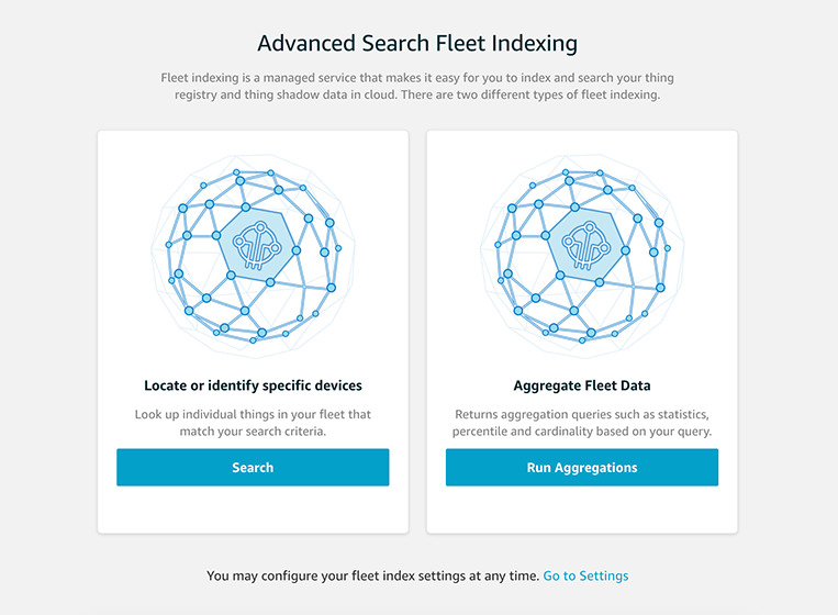 Screenshot of the AWS IoT Device Management Advanced Search Fleet Indexing interface, showing options for locating or identifying specific devices and aggregating fleet data. Displays 'Search' and 'Run Aggregations' buttons, with explanatory text about fleet indexing and device management features.