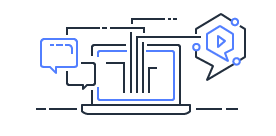 Illustration featuring a laptop with chat and video icons representing AWS Tech Talks On Demand.