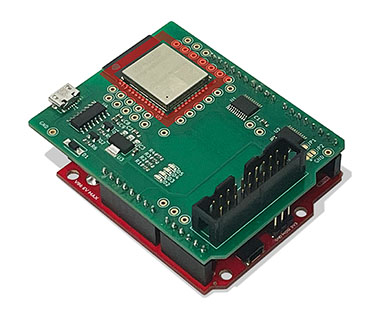 A hardware module for AWS IoT ExpressLink, featuring electronic components and connectors on a green circuit board, designed for seamless and secure IoT connectivity.