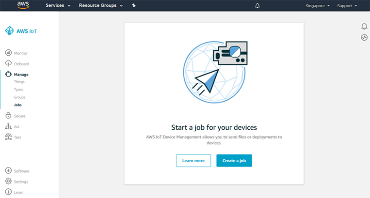 Screenshot of the AWS IoT Device Management remote job management interface showing options to start a job for devices, including sending files or deployments. The page includes 'Learn more' and 'Create a job' buttons, with navigation options for monitoring, onboarding, managing, securing, acting, and testing IoT devices.