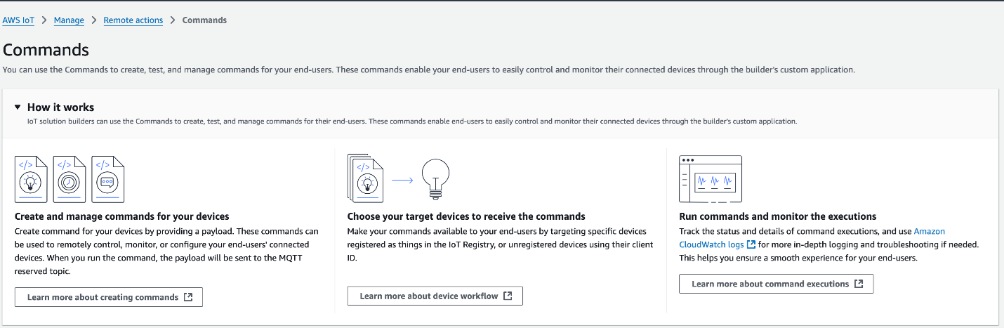 Screenshot of the AWS IoT Commands dashboard, showing how users can create, test, and manage commands for their IoT devices. The overview highlights steps for creating commands, targeting devices, and monitoring command execution via CloudWatch logs.