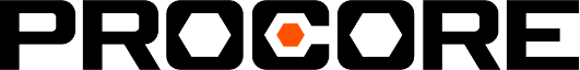 Procore logo featuring black text and an orange hexagon icon in the center.