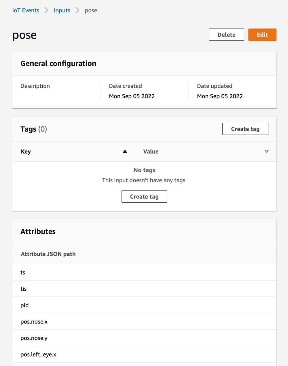 Screenshot of the AWS IoT Events console showing the configuration, tags, and attributes for an input named 'pose', with JSON attribute paths such as ts, tis, pid, pos.nose.x, pos.nose.y, and pos.left_eye.x.