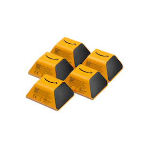 Five yellow and black triangular safety sensors arranged in a cluster.