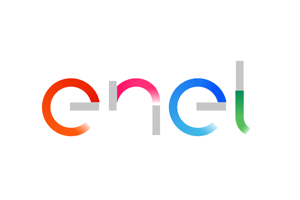 Enel color logo on a white background, featuring stylized letters in red, pink, blue, and green gradients.