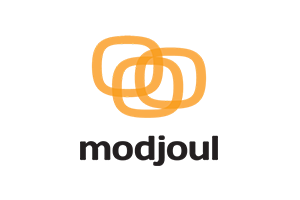 Modjoul logo featuring interlocking orange rings above the word 'modjoul' in black text on a transparent background.
