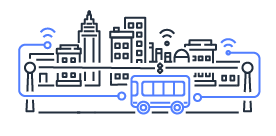 Line art illustration depicting a smart city with connected buildings and a bus, representing the Internet of Things (IoT) in urban transportation and infrastructure.