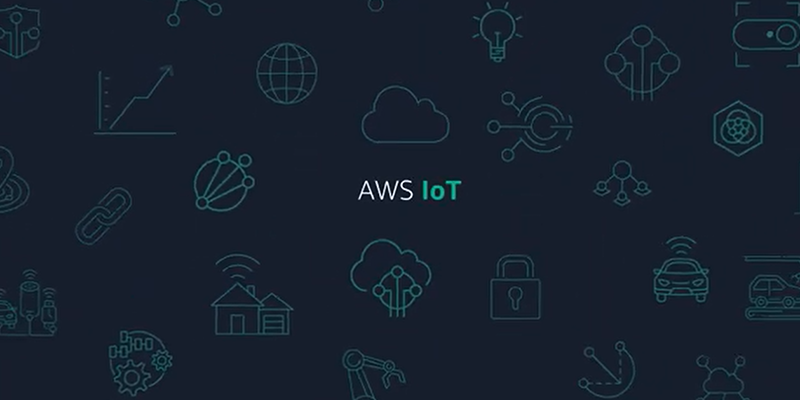 "Illustration of various IoT-related icons surrounding the text 'AWS IoT' on a dark background."