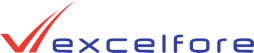 Logo for Excelfore featuring red and blue text on a light background.