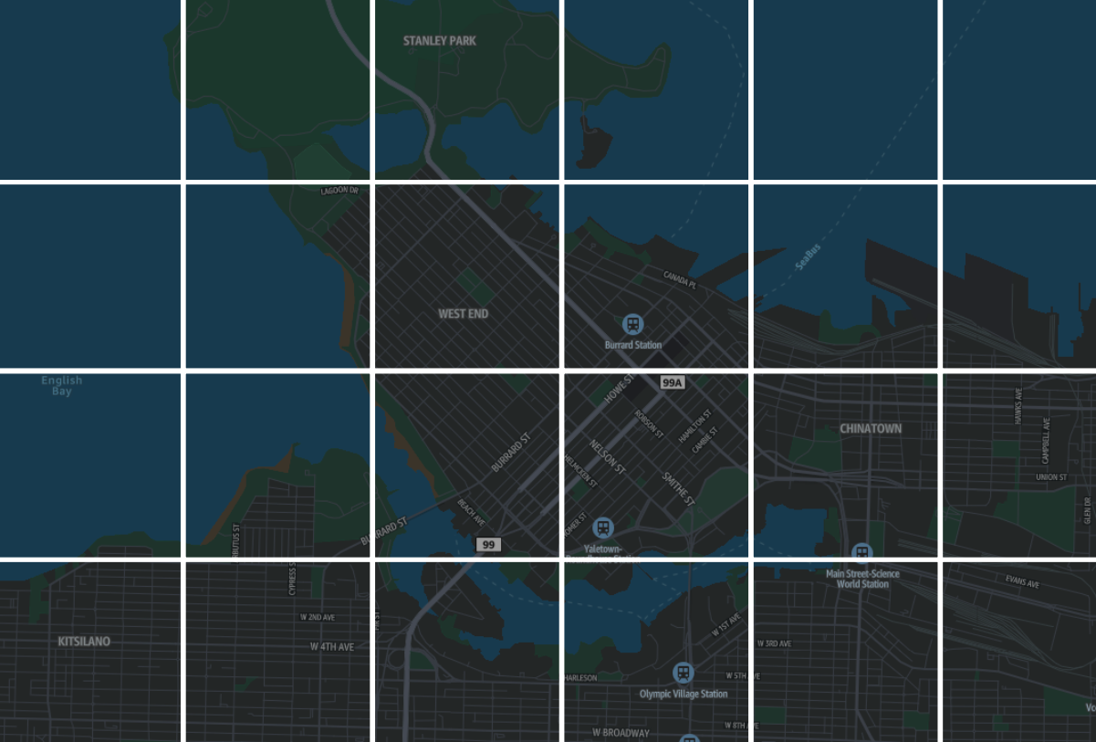 Overhead view of a city with white lines and highway names overlaying the streets 