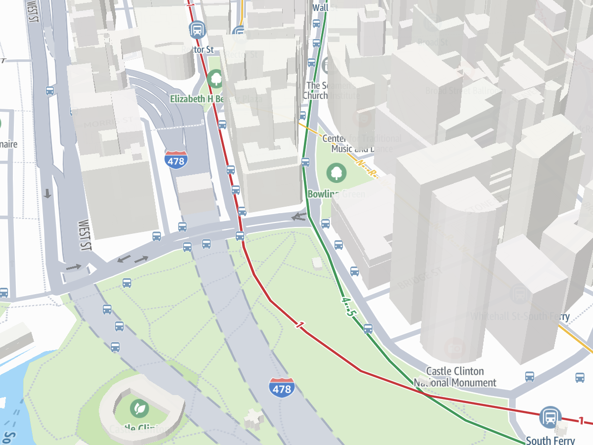 An image of the city map in a light style noting POIs, streed names and traffic indicators