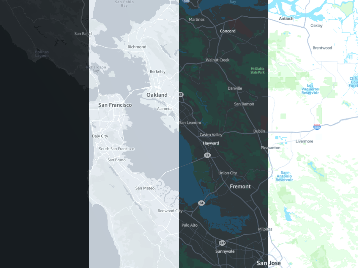 An image showing two different map styles, one is a light style map and the other is a dark style map