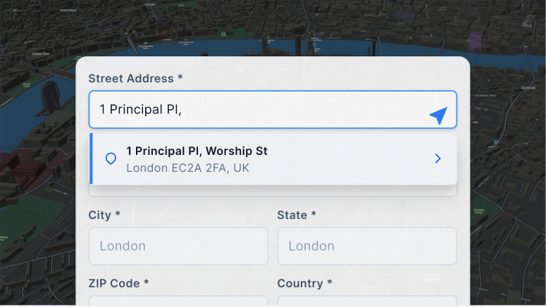 A partially entered address with a list of possible completed addresses beneath