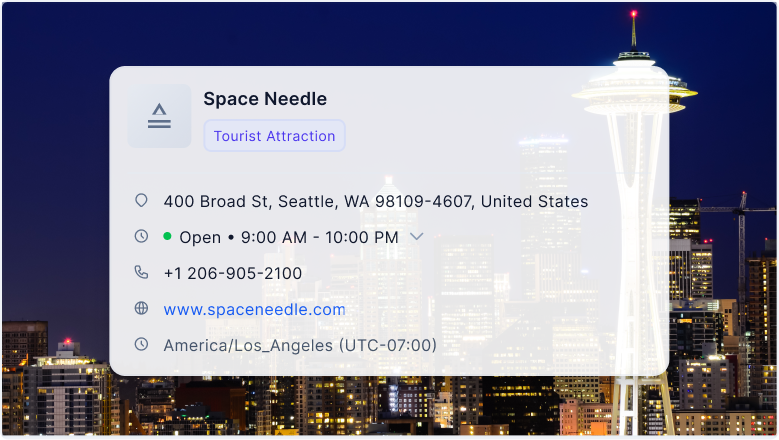 A box containing place details like open hours, phone number and website URL.