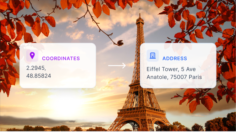Coordinates for the Eiffel Tower on the left and the cooresponding address on the right