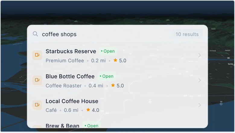A search bar with the words "Coffee Shops" in the text box. Below is a list of nearby coffee shops.