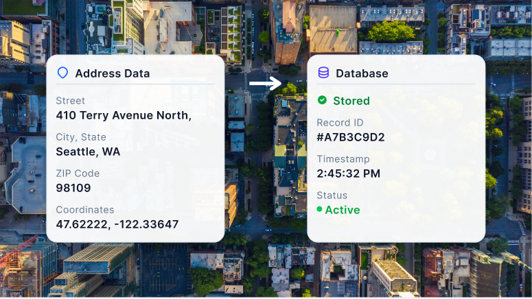 An address form showing that the address has been stored, along with the address ID number and status.