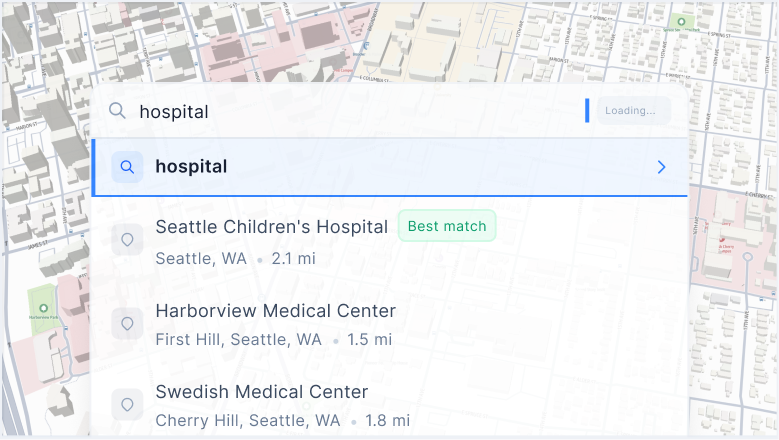 A search for hospitals with a list of hospitals below