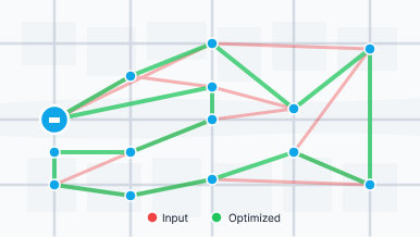 An image showing the optimiziation of a route between multiple origins and waypoints