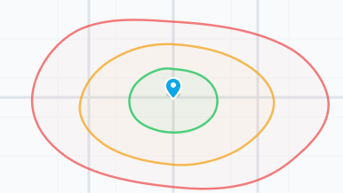 A map with a blue colored overlay showing the locations that can be reached within a specified time from a central location.