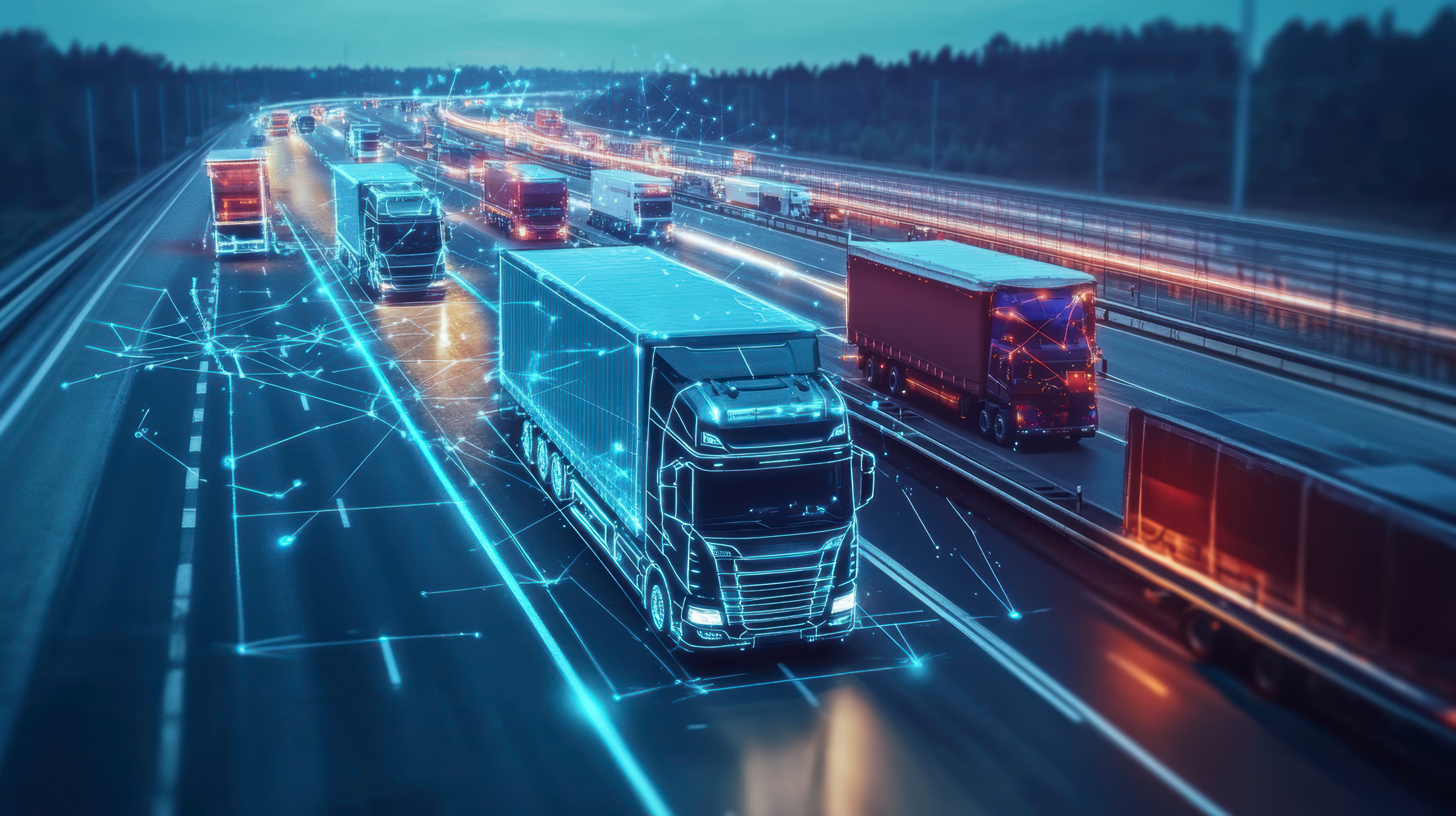 Connected trucks driving on highway at night, showcasing digital network.