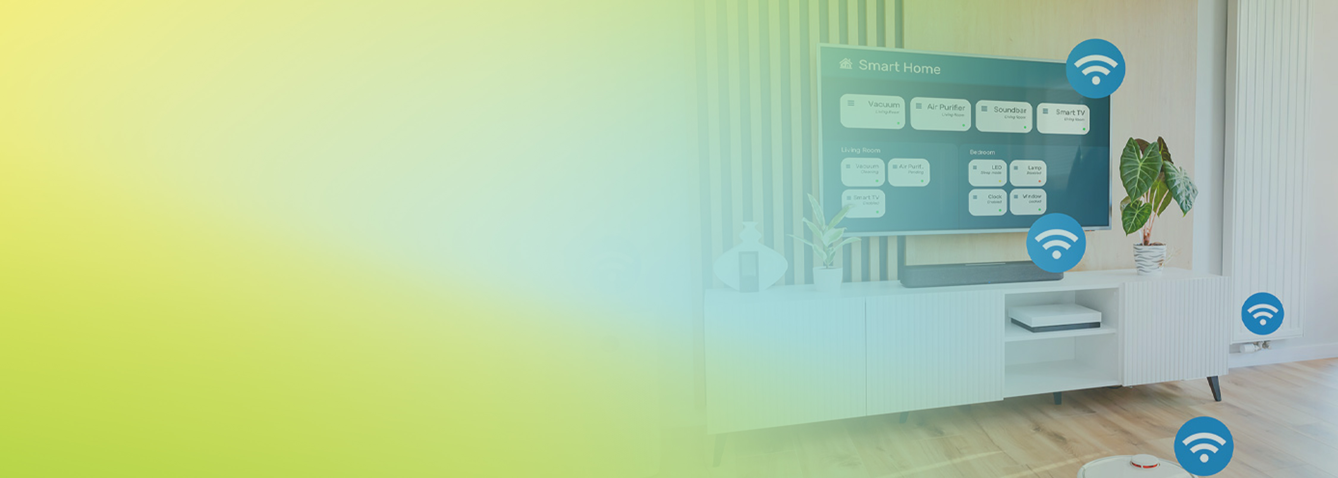 A modern smart home setup displaying a TV screen with IoT device management options, various smart devices, and wireless connectivity icons, illustrating the main types of IoT wireless communication in a home environment.