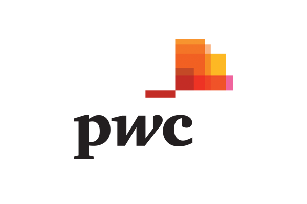 PwC logo featuring stacked geometric shapes in red, orange, and yellow above black text.