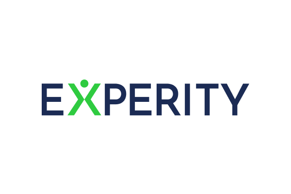 "Experity logo with 'X' in green and the rest of the text in navy blue."